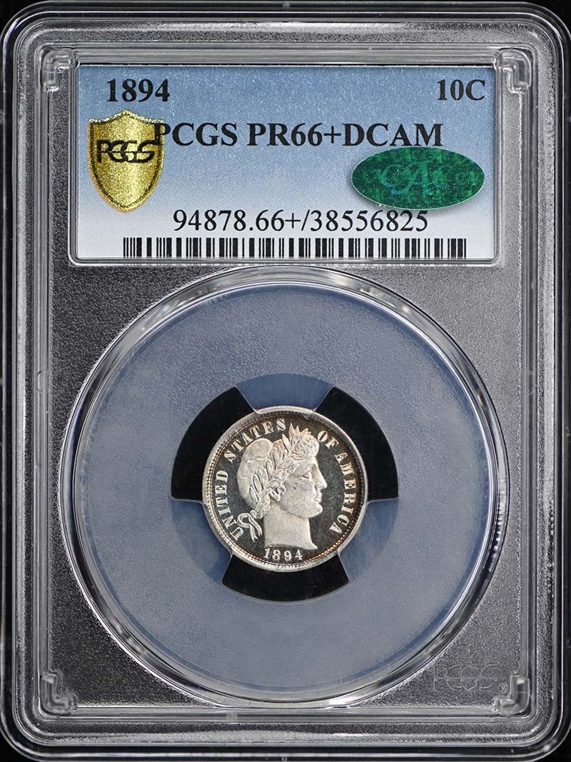 PCGS PR66+DCAM CAC 1894 Barber Dime Proof 10C: PCGS PR66+DCAM CAC 1894 Barber Dime Proof 10C 1894 Barber Dime certified by PCGS as PR66+ with DCAM designation and CAC approval. This proof issue is an uncirculated, pre-owned United States coin from