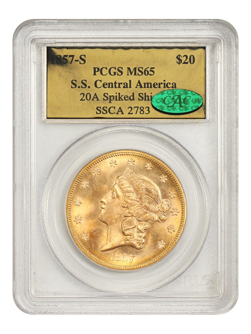1857-S Liberty Head $20 Gold Coin S.S. Central America PCGS CAC MS65: 1857-S Liberty Head $20 Gold Coin S.S. Central America PCGS CAC MS65 1857-S Liberty Head $20 gold coin from the S.S. Central America shipwreck, graded PCGS MS65 with CAC approval, and accompanied by i