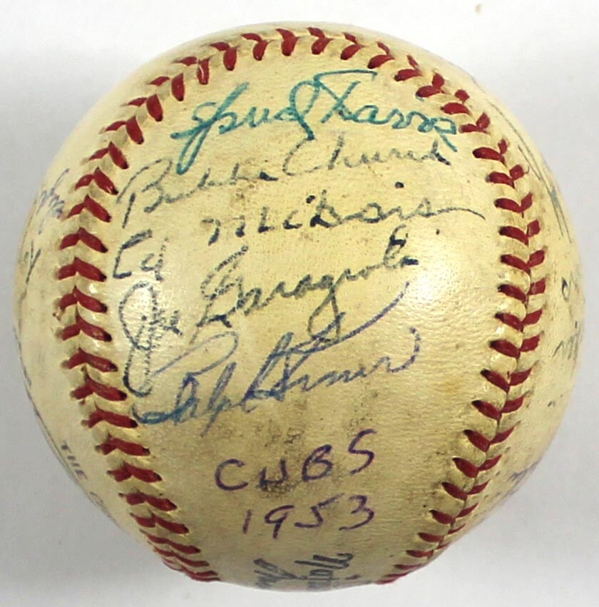 1953 Chicago Cubs Team Signed Baseball with 18 Signatures JSA COA: 1953 Chicago Cubs Team Signed Baseball with 18 Signatures JSA COA This unique 1953 Chicago Cubs team signed baseball is an exceptional collectible for any baseball enthusiast. The baseball, a 1952-57 