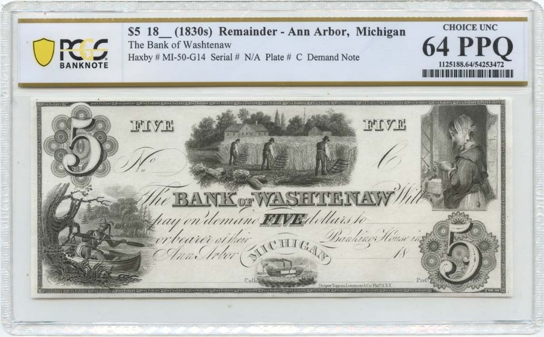 Bank of Washtenaw Ann Arbor Michigan $5 Obsolete Note PCGS CU64 PPQ (1 of 2)