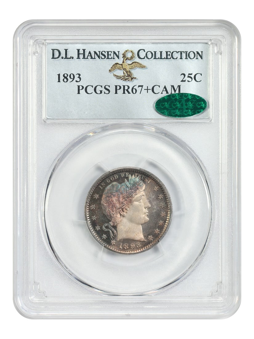PCGS PR67+CAM 1893 Barber Quarter 25C CAC ex D.L. Hansen: PCGS PR67+CAM 1893 Barber Quarter 25C CAC ex D.L. Hansen 1893 Barber Quarter certified by PCGS and approved by CAC in PR67+CAM condition. This proof issue is noted as a low mintage coin, with just 792