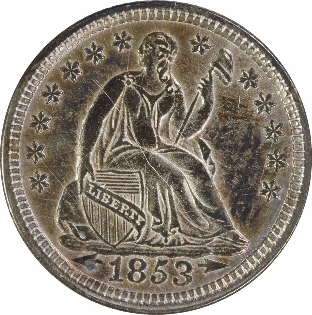 1853 Seated Liberty Half Dime Silver AU Uncertified: 1853 Seated Liberty Half Dime Silver AU Uncertified 1853 Liberty Seated silver Half Dime with Arrows design. This circulated, pre-owned United States coin is listed in AU grade and remains uncertified