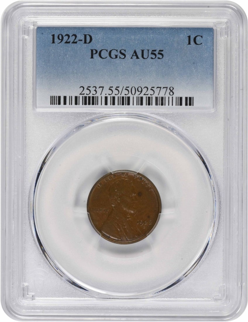 PCGS AU55 1922 D Lincoln Wheat Small Cent: PCGS AU55 1922 D Lincoln Wheat Small Cent 1922-D Lincoln Wheat small cent graded AU55 by PCGS. This pre-owned United States coin is a circulated example struck in copper. Specifications Year: 1922 Min