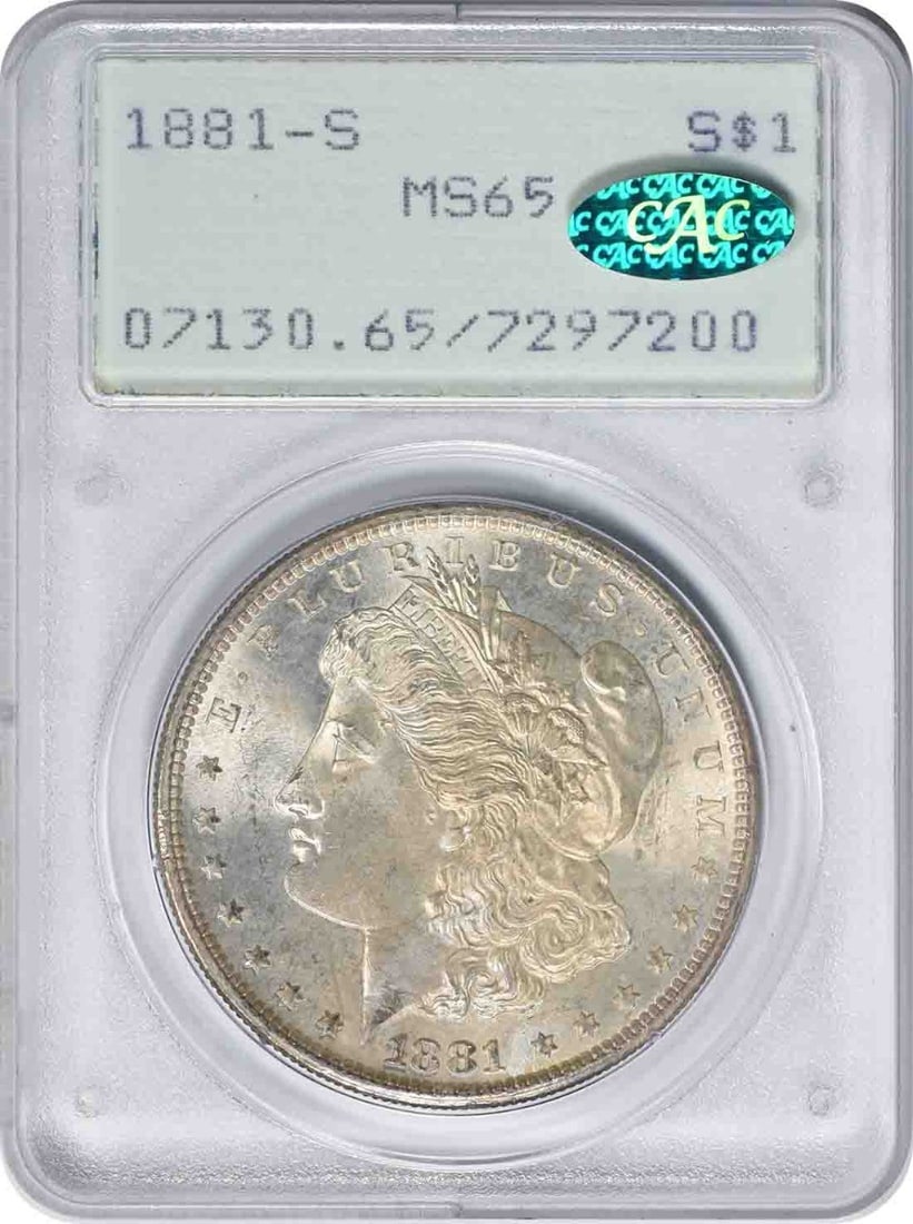 PCGS MS65 1881-S Morgan Silver Dollar OGH CAC: PCGS MS65 1881-S Morgan Silver Dollar OGH CAC 1881-S Morgan Silver Dollar graded MS65 by PCGS and housed in an OGH holder with CAC designation. This uncirculated United States silver dollar features t