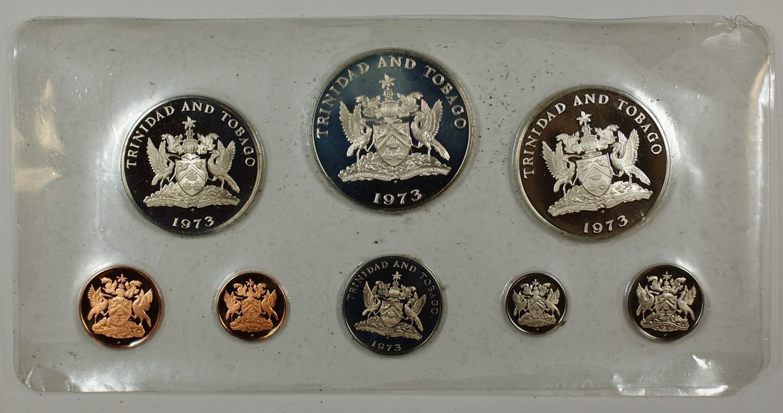 Trinidad Tobago 10th Anniversary 8 Coin Proof Set with Box and COA: Trinidad Tobago 10th Anniversary 8 Coin Proof Set with Box and COA This 1973 Trinidad & Tobago 10th Anniversary 8 Coin Gem Proof Set includes uncirculated coins presented in their original box with a 