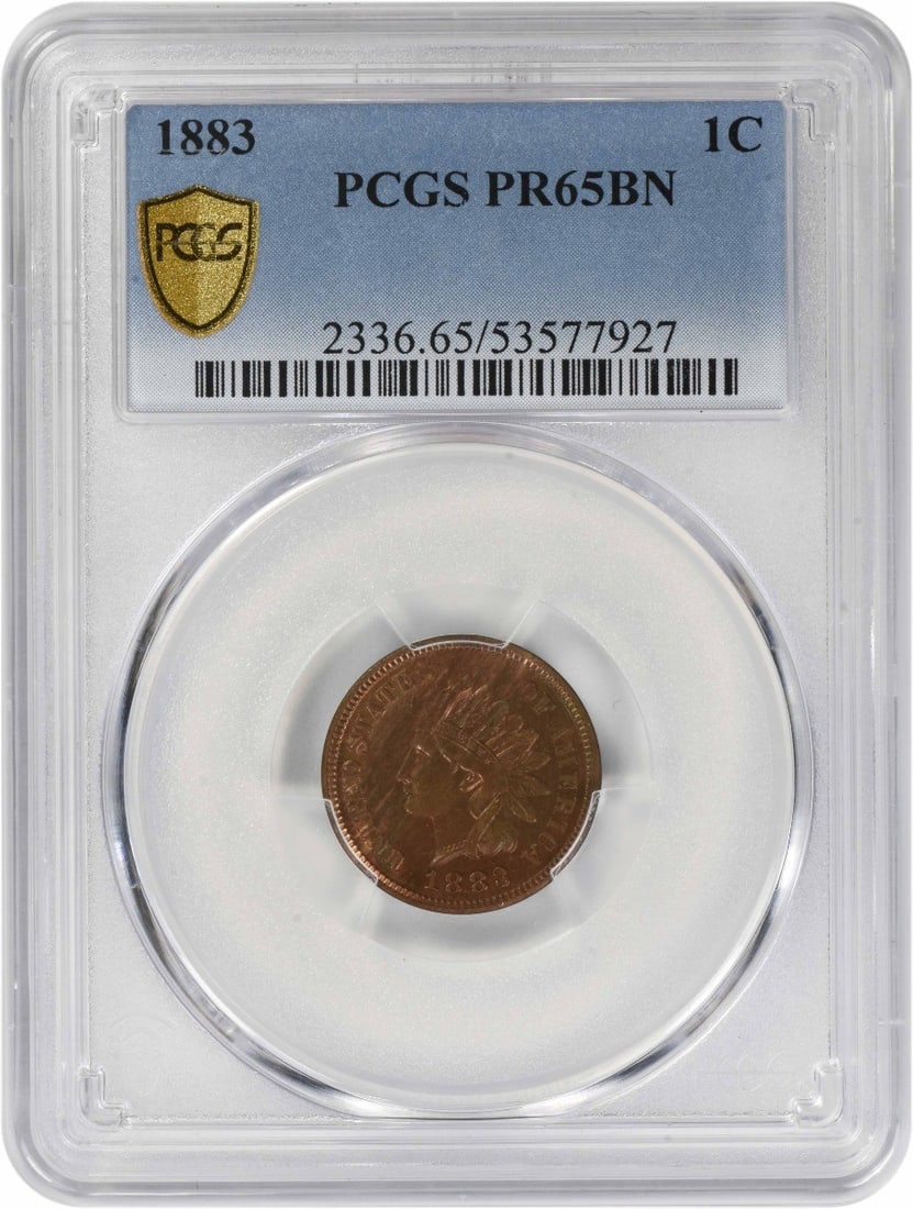 Proof 1883 Indian Head Cent PR65BN Graded by PCGS: Proof 1883 Indian Head Cent PR65BN Graded by PCGS This 1883 Indian Head Cent is a proof strike graded PR65BN by PCGS. Composed of 95% copper and 5% tin and zinc, this uncirculated coin was minted in P