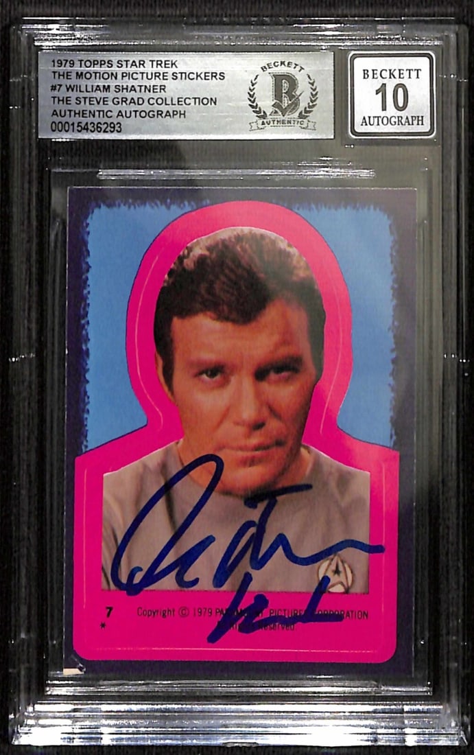 William Shatner Signed 1979 Topps Star Trek Kirk Sticker BAS 10: William Shatner Signed 1979 Topps Star Trek Kirk Sticker BAS 10 This autographed 1979 Topps Star Trek The Motion Picture Stickers #7 features the signature of William Shatner, who portrayed Captain Ja