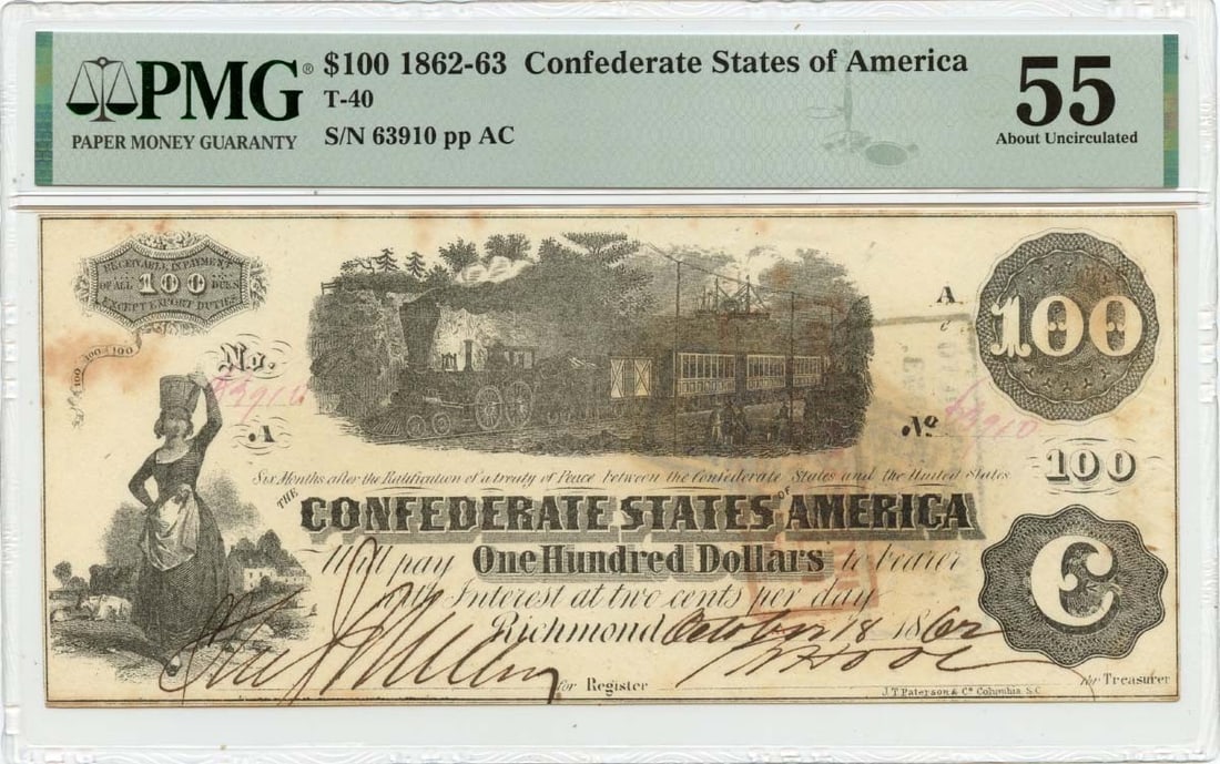 PMG AU55 1862 Confederate States of America 100 Dollar Note T-40: PMG AU55 1862 Confederate States of America 100 Dollar Note T-40 1862 Confederate States of America T-40 $100 note, graded PMG AU55. This pre-owned note is a circulated example and includes its PMG ce