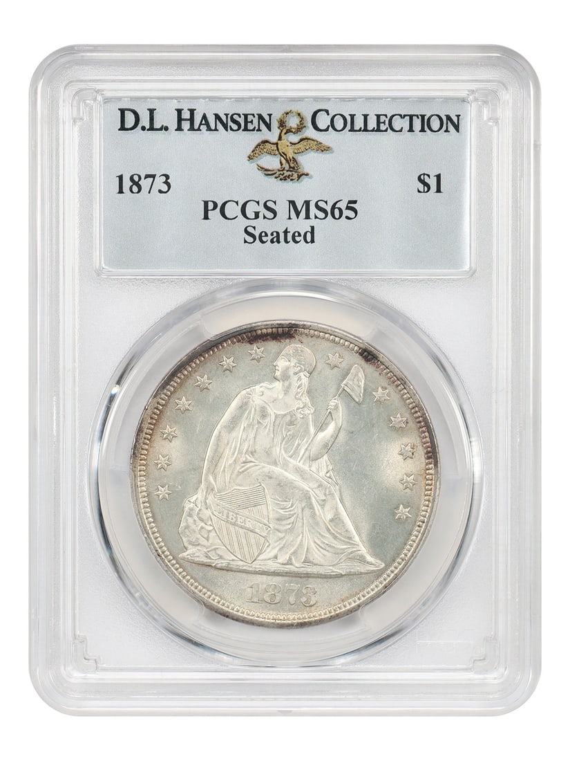1873 Liberty Seated Dollar $1 PCGS MS65 ex D.L. Hansen: 1873 Liberty Seated Dollar $1 PCGS MS65 ex D.L. Hansen 1873 Liberty Seated Dollar certified by PCGS as MS65, from the final year of issue before the United States Mint transitioned to the Trade Dollar