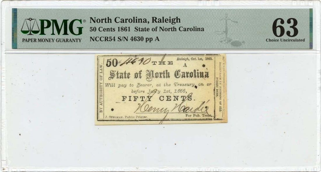 1861 North Carolina 50 Cent Obsolete Currency Raleigh PMG Certified MS63 (1 of 2)