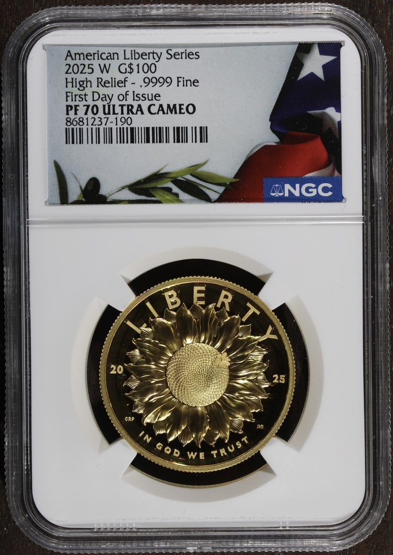 NGC FDOI 2025-W American Liberty High Relief Gold $100 PF70 DCAM: NGC FDOI 2025-W American Liberty High Relief Gold $100 PF70 DCAM 2025-W American Liberty High Relief 1 oz Gold $100 coin graded PF70 DCAM by NGC. It is a proof strike made of gold with 0.9999 fineness