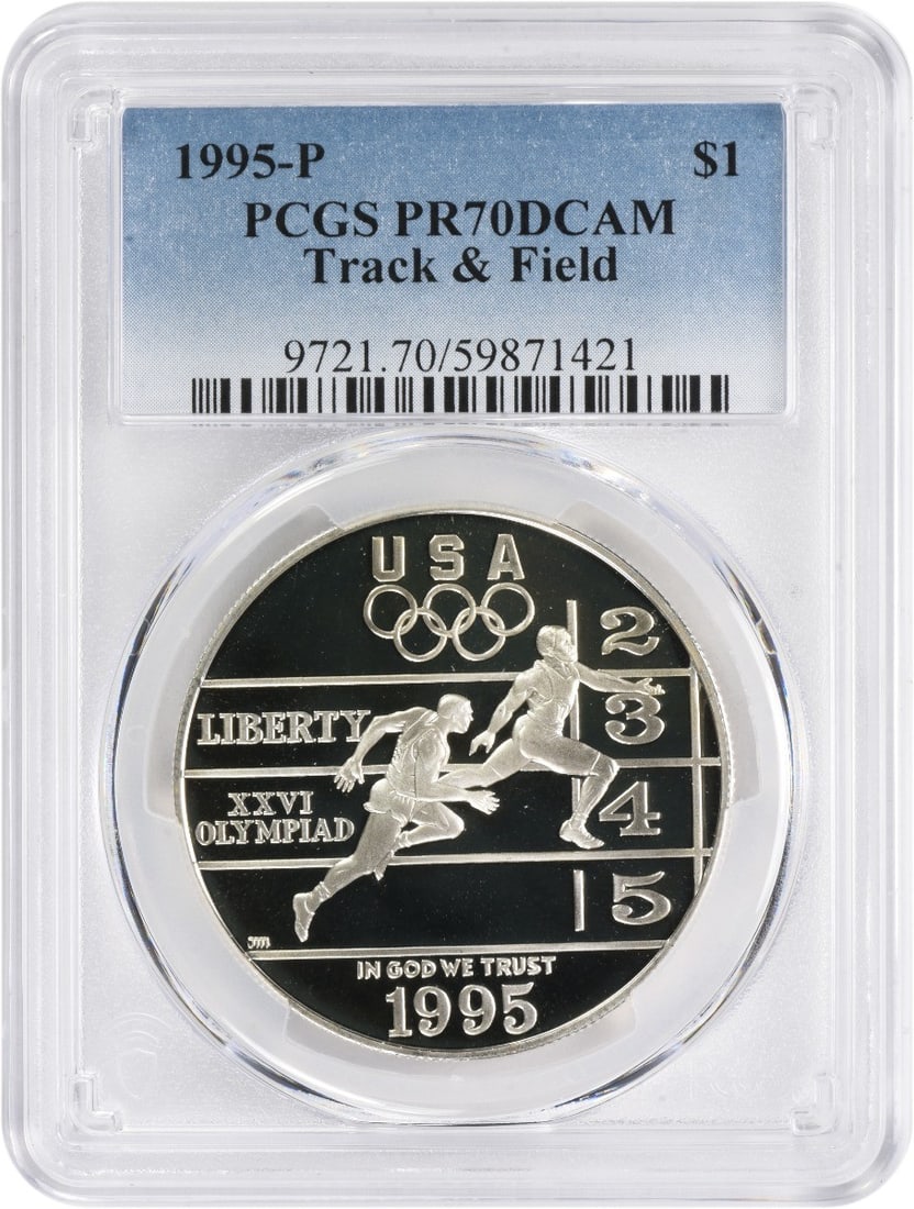 PCGS PR70DCAM 1995 P Olympic Track and Field Silver Dollar: PCGS PR70DCAM 1995 P Olympic Track and Field Silver Dollar This 1995-P Track & Field Olympic Commemorative Dollar is a proof coin issued by the United States to honor the Olympic Games. Struck in silv