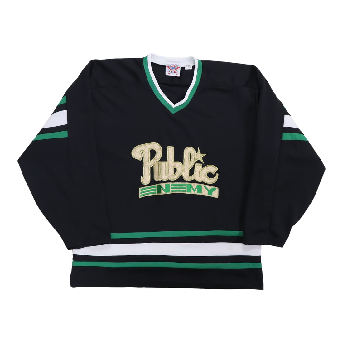 Vintage 1990s Public Enemy Black Hockey Jersey Graphic Shirt: Vintage 1990s Public Enemy Black Hockey Jersey Graphic Shirt This is an original 1990s Public Enemy hockey jersey, a genuine vintage piece and not a modern reproduction. The jersey features graphics o