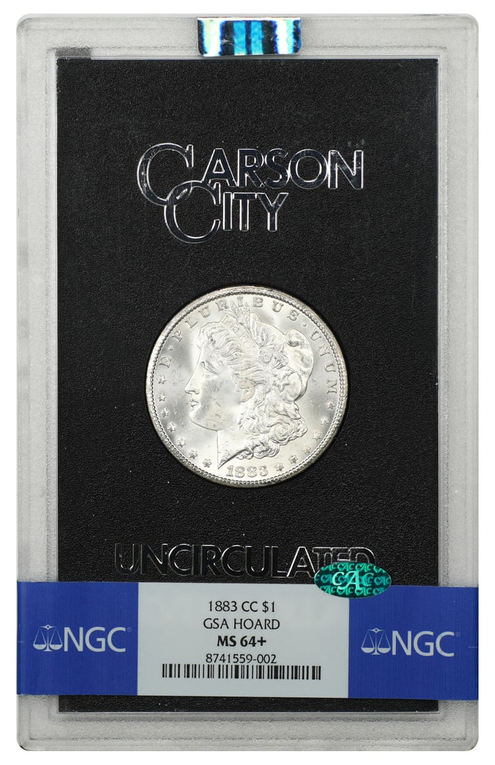 1883 Carson City Morgan Dollar $1 GSA NGC MS64+ CAC: 1883 Carson City Morgan Dollar $1 GSA NGC MS64+ CAC 1883-CC Morgan Dollar from the GSA hoard, housed in the original hard case and graded MS64+ by NGC. This uncirculated example is CAC endorsed and ca