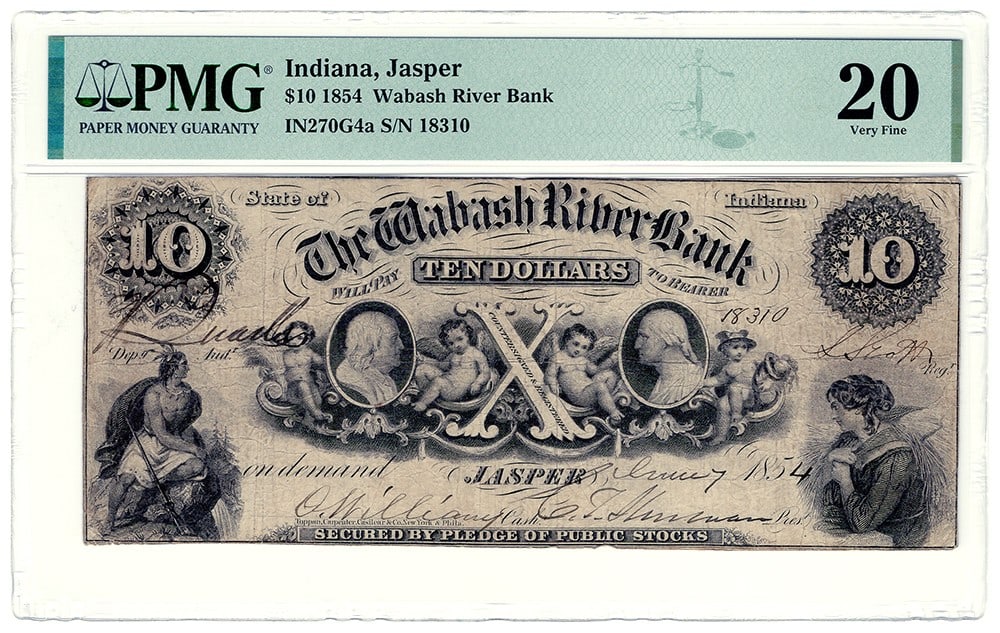 PMG VF20 1854 Jasper IN Wabash River $10 Obsolete Note: PMG VF20 1854 Jasper IN Wabash River $10 Obsolete Note 1854 $10 obsolete bank note from Jasper, Indiana, issued by Wabash River Bank. This circulated example is PMG graded VF20 and offered as a pre-ow