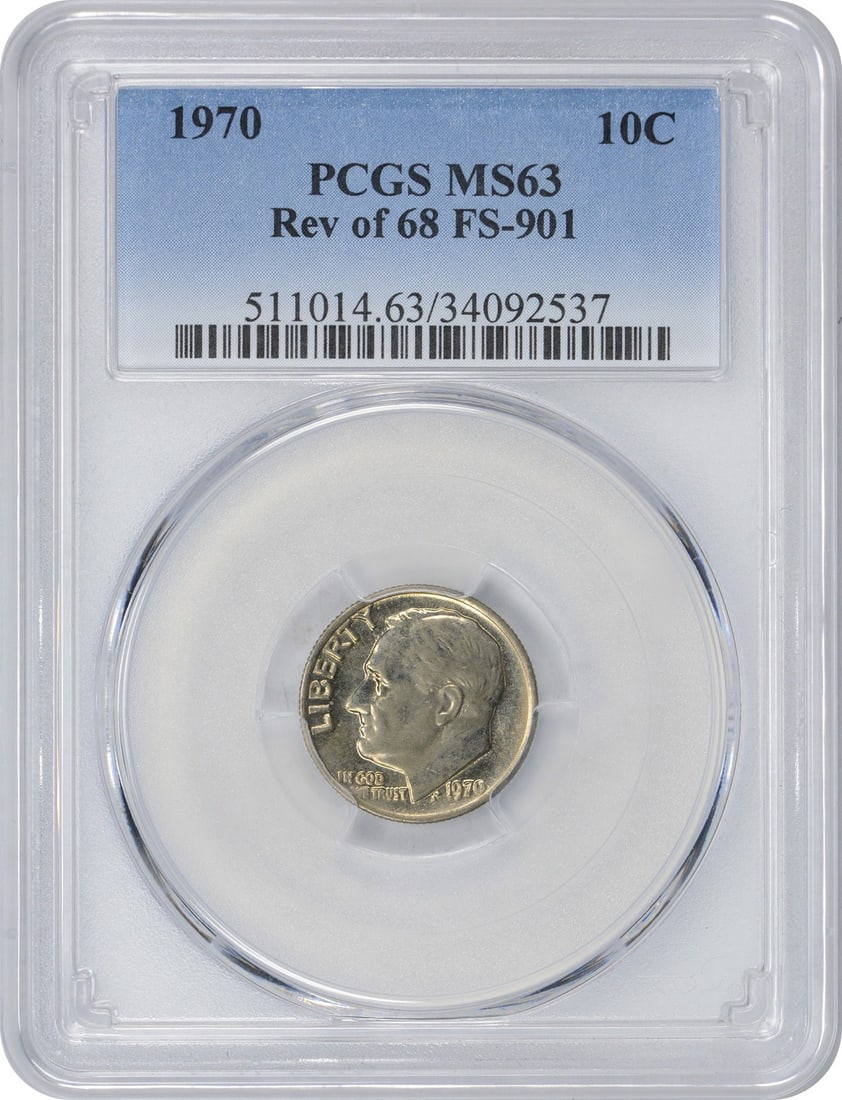 1970 Roosevelt Dime FS-901 MS63 PCGS Uncirculated Coin: 1970 Roosevelt Dime FS-901 MS63 PCGS Uncirculated Coin This 1970 Roosevelt Dime features the reverse of the 1968 design and is graded MS63 by PCGS, ensuring its uncirculated condition. The coin is com