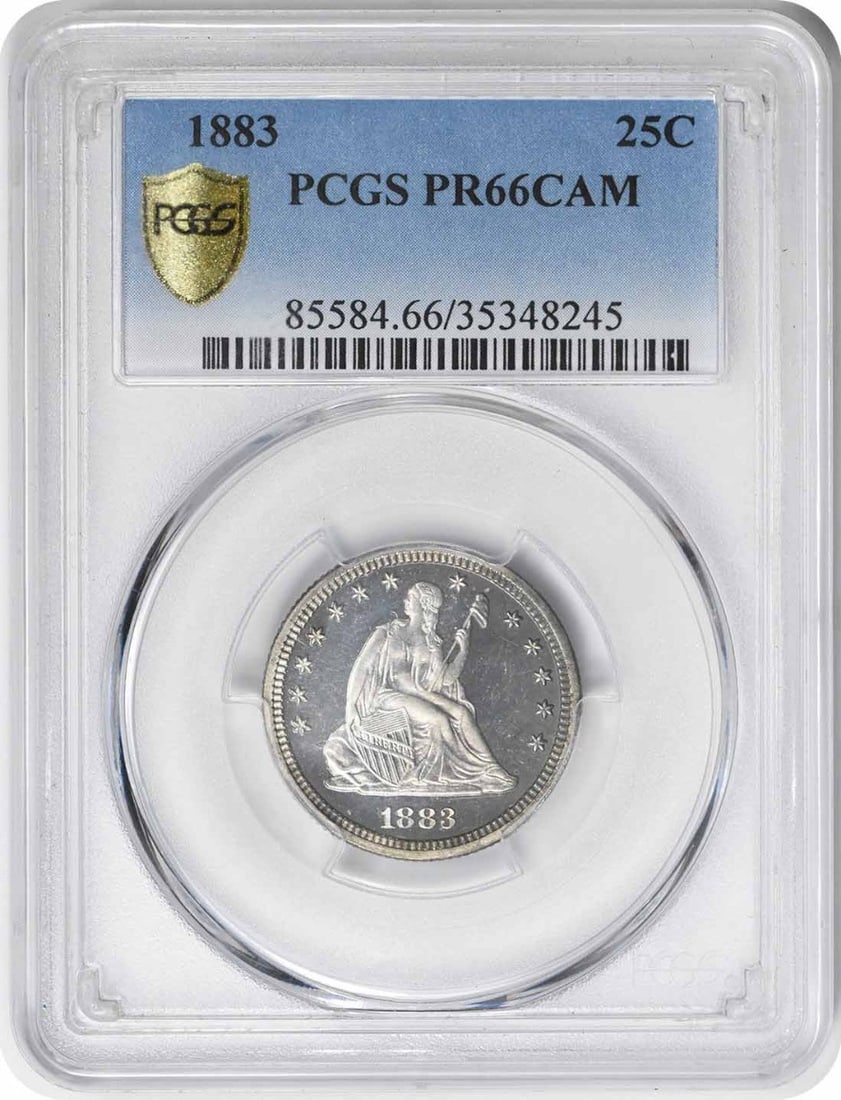 PCGS PR66CAM 1883 Seated Liberty 25C Proof Silver Quarter: PCGS PR66CAM 1883 Seated Liberty 25C Proof Silver Quarter 1883 Liberty Seated silver quarter certified by PCGS with a PR66 grade and cameo designation. This proof 25C coin is an uncirculated example o