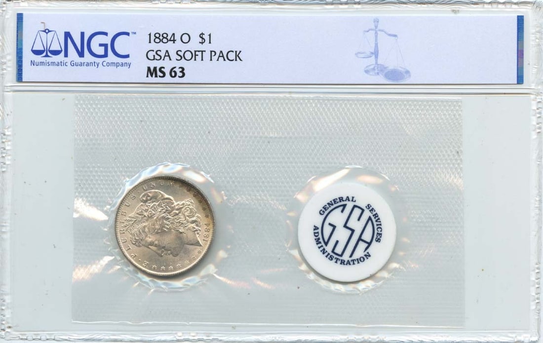 NGC MS63 1884 O GSA Soft Pack Morgan Silver Dollar: NGC MS63 1884 O GSA Soft Pack Morgan Silver Dollar This is an 1884 O Morgan Dollar presented in a GSA soft pack and certified by NGC with a grade of MS63. This uncirculated coin originates from the Un