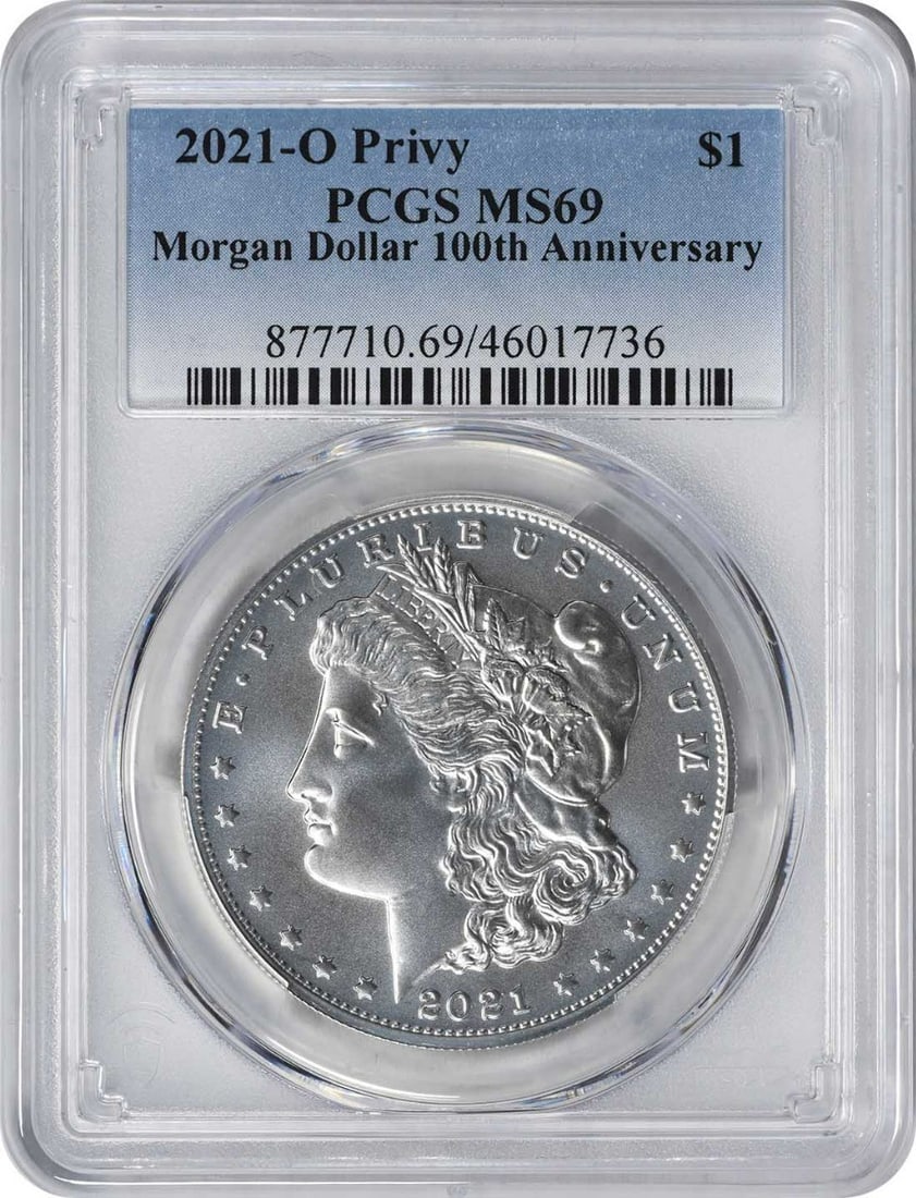 PCGS MS69 2021 Morgan Dollar O Privy Silver $1: PCGS MS69 2021 Morgan Dollar O Privy Silver $1 2021-O Privy Morgan Silver Dollar graded MS69 by PCGS. This uncirculated $1 coin is composed of 99.9% silver and features the Morgan design by George T. 