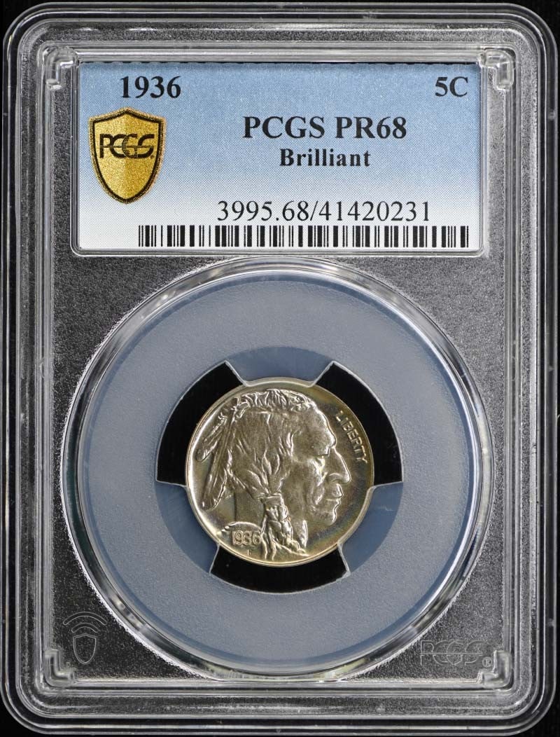 PCGS PR68 1936 Buffalo Nickel Proof 5C US Coin: PCGS PR68 1936 Buffalo Nickel Proof 5C US Coin 1936 Buffalo Nickel proof coin graded PR68 by PCGS. This pre-owned example is an uncirculated proof issue from the United States. Specifications Coin Typ