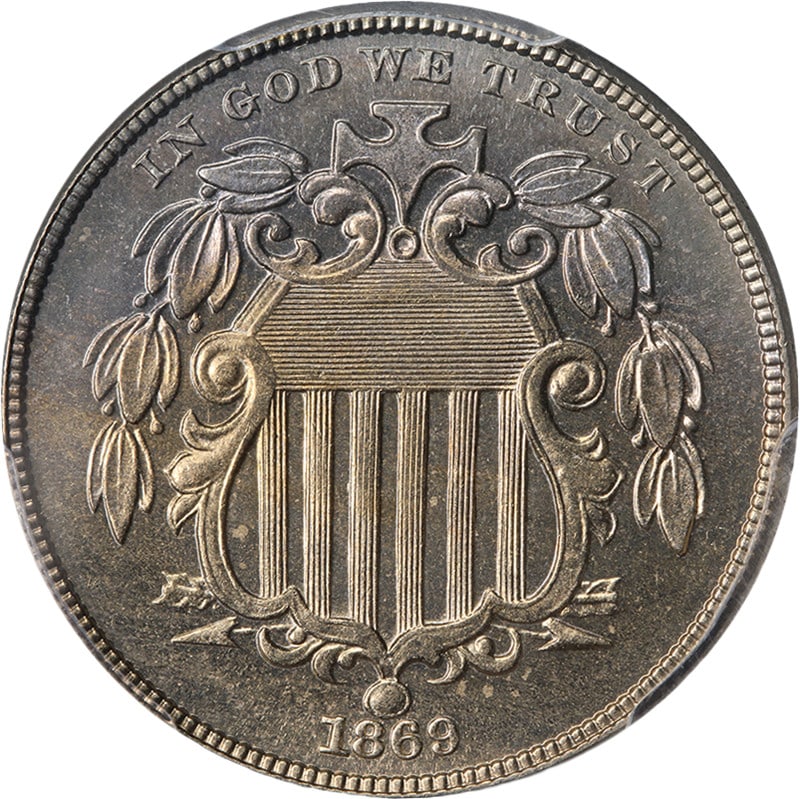 1869 Shield Nickel PCGS PR64 CAC Certified Proof Coin: 1869 Shield Nickel PCGS PR64 CAC Certified Proof Coin Original 1869 Shield Nickel with CAC sticker and PCGS PR64 grade. This pre-owned coin is described as having superb eye appeal, fantastic luster, 