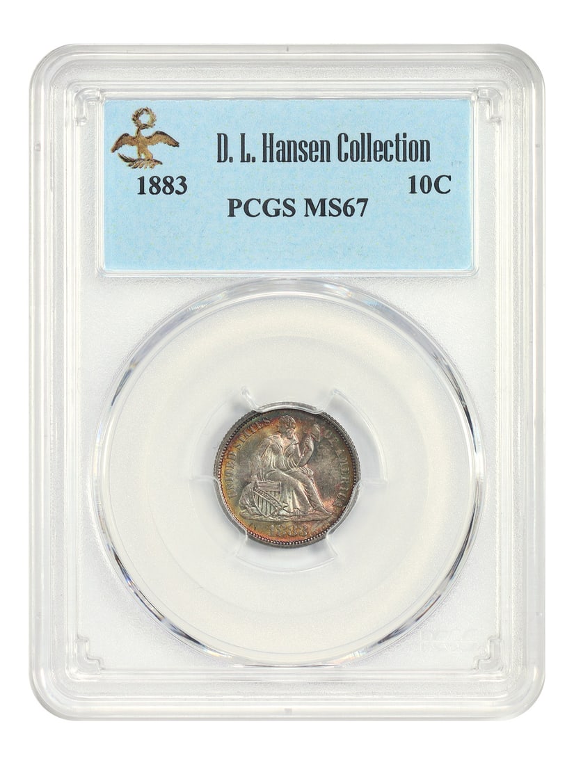 PCGS MS67 1883 Liberty Seated Dime ex D.L. Hansen: PCGS MS67 1883 Liberty Seated Dime ex D.L. Hansen 1883 Liberty Seated Dime certified by PCGS in MS67 and offered as an ex: D.L. Hansen piece. This uncirculated example is described as a common issue t