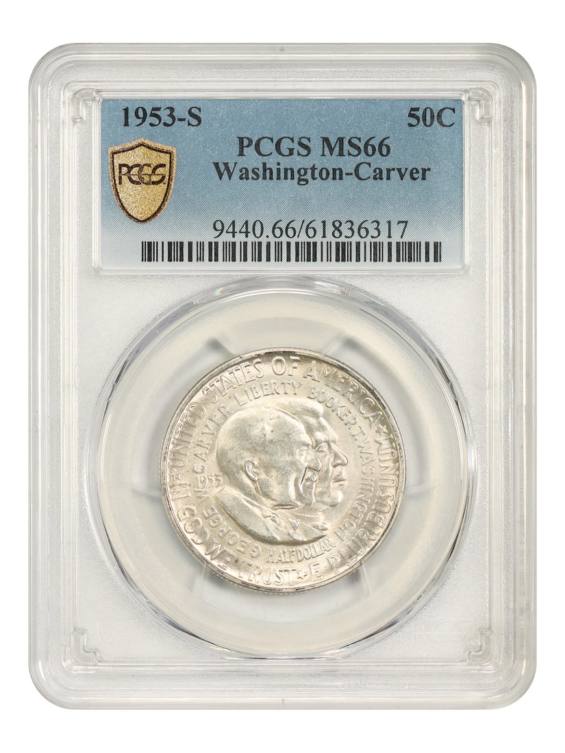 PCGS MS66 1953-S Washington-Carver 50C Silver Commemorative: PCGS MS66 1953-S Washington-Carver 50C Silver Commemorative 1953-S 50C Washington-Carver classic silver commemorative graded PCGS MS66. This uncirculated coin was minted in San Francisco and certified