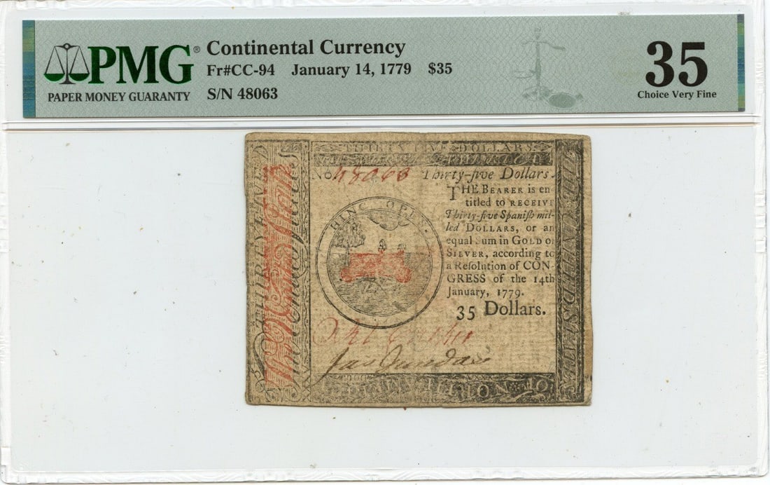 1779 Continental Currency $35 Note PMG VF35 Certified: 1779 Continental Currency $35 Note PMG VF35 Certified This is a $35 Continental Currency note dated January 14, 1779, graded by PMG as VF35. It is a circulated note, showcasing historical significance