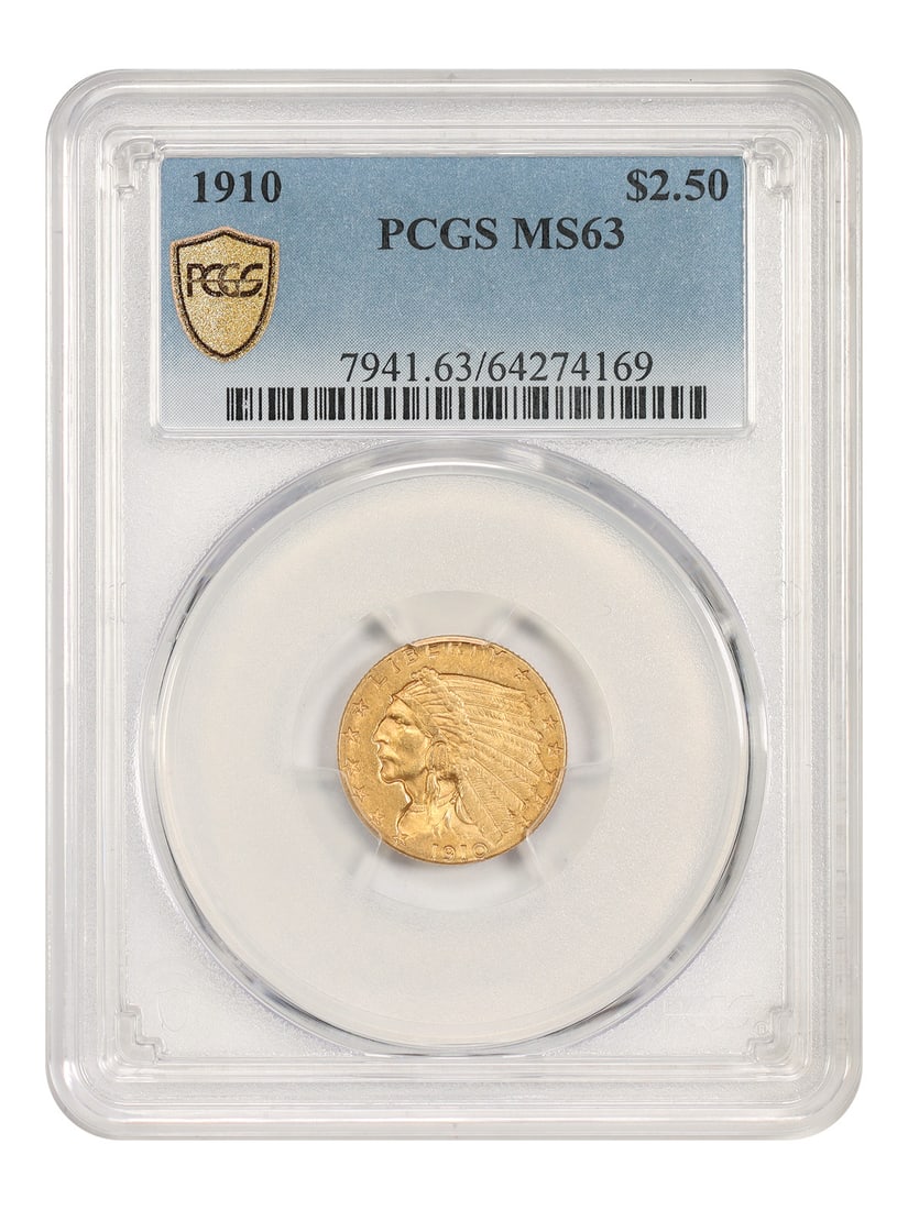 1910 Indian Quarter Eagle $2.50 PCGS MS63 Philadelphia: 1910 Indian Quarter Eagle $2.50 PCGS MS63 Philadelphia 1910 Indian $2.50 gold coin certified by PCGS in MS63. This slightly better date issue is offered in uncirculated, pre-owned condition. The origi