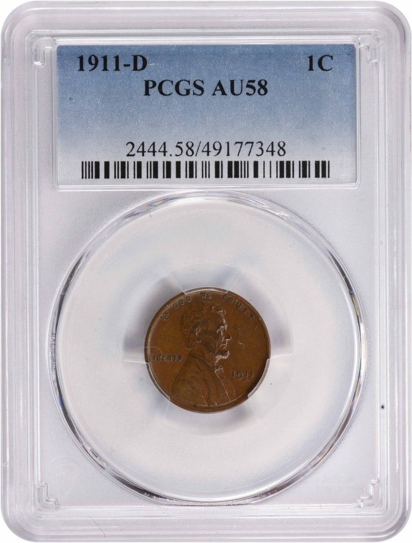 PCGS AU58 1911-D Lincoln Wheat Small Cent: PCGS AU58 1911-D Lincoln Wheat Small Cent 1911-D Lincoln Wheat Small Cent graded AU58 by PCGS. This pre-owned United States copper coin is a circulated example of the classic Lincoln cent series. Spec