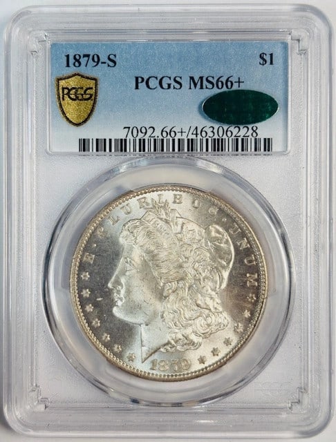 PCGS MS66+ CAC 1879-S Morgan Silver Dollar: PCGS MS66+ CAC 1879-S Morgan Silver Dollar 1879-S Morgan Silver Dollar certified by PCGS with CAC approval. The coin is graded MS 66+ and is a pre-owned example from the San Francisco mint. It is deno