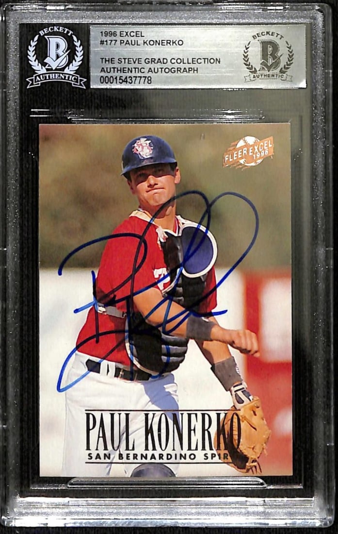 Beckett Authenticated Paul Konerko 1996 Fleer Excel #177 Signed Card: Beckett Authenticated Paul Konerko 1996 Fleer Excel #177 Signed Card This is a 1996 Fleer Excel #177 baseball card featuring Paul Konerko, hand-signed by the player. The card highlights Konerko during