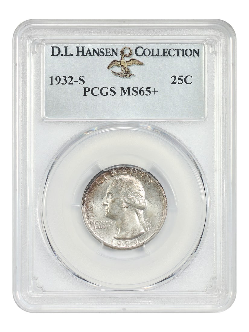 Washington Quarter 1932-S 25C PCGS MS65+ ex D.L. Hansen: Washington Quarter 1932-S 25C PCGS MS65+ ex D.L. Hansen 1932-S Washington Quarter certified by PCGS as MS65+ and noted ex: D.L. Hansen. One of the set-stoppers of the regular issue Washington Quarter 
