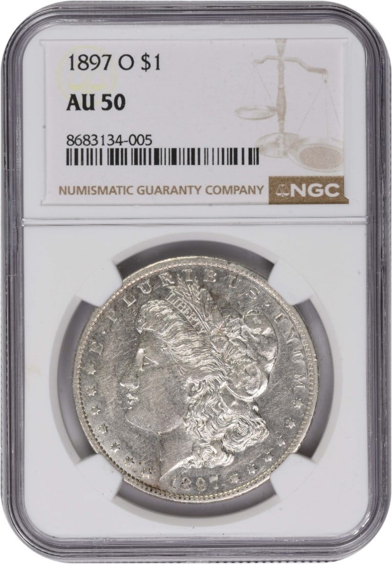 1897 New Orleans Morgan Dollar AU50 NGC Graded Silver Coin: 1897 New Orleans Morgan Dollar AU50 NGC Graded Silver Coin This 1897-O Morgan Silver Dollar has been graded AU50 by NGC. Struck at the New Orleans Mint, it is composed of 90% silver and 10% copper. De