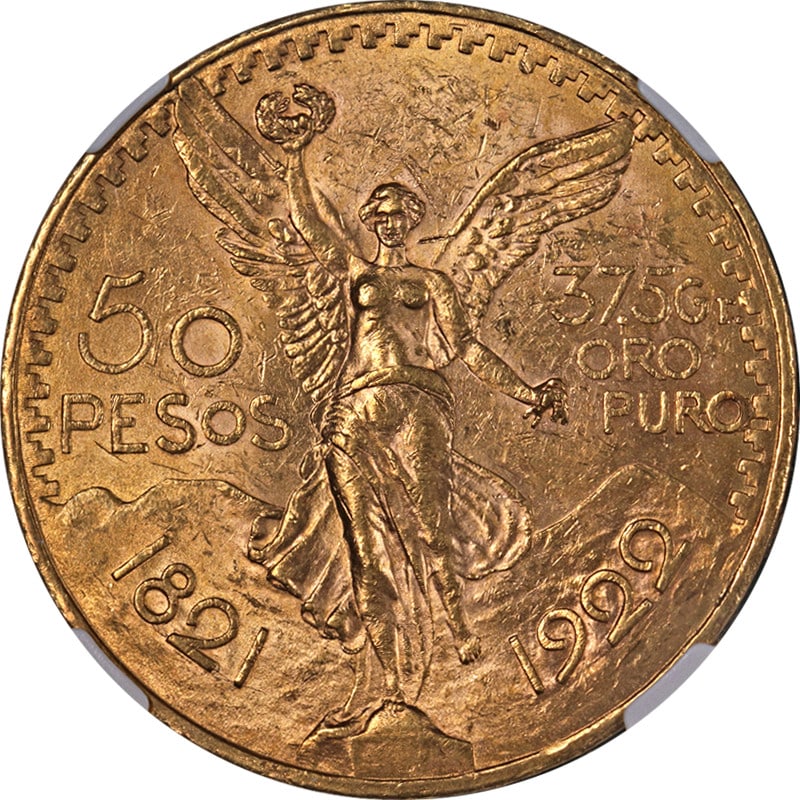 Mexico 50 Peso Gold Coin NGC MS61 1922: Mexico 50 Peso Gold Coin NGC MS61 1922 This 1922 Mexico Gold 50 Peso coin is certified by NGC with a grade of MS61. The coin features excellent eye appeal, attractive luster, and a well-defined strike