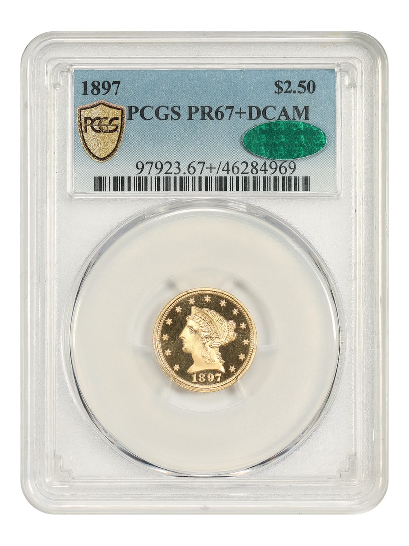 1897 Liberty Head $2.50 Proof Coin PCGS CAC PR67+ DCAM: 1897 Liberty Head $2.50 Proof Coin PCGS CAC PR67+ DCAM 1897 Liberty Head $2.50 proof coin certified by PCGS as PR67+DCAM and approved by CAC. This uncirculated example is one of only 136 minted. It is