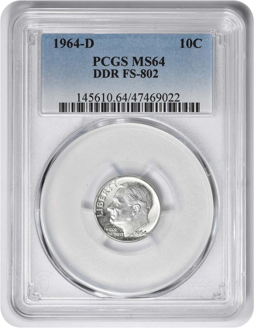 PCGS MS64 1964-D Roosevelt Silver Dime DDR FS-802: PCGS MS64 1964-D Roosevelt Silver Dime DDR FS-802 This 1964-D Roosevelt Dime is a silver coin from the United States, featuring the DDR FS-802 variety. Graded MS64 by PCGS, it is in uncirculated condi