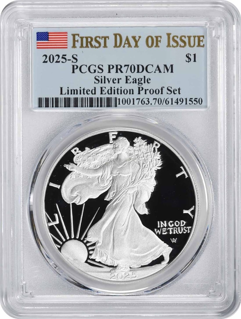 2025-S PCGS PR70DCAM FDOI American Silver Eagle Proof Dollar: 2025-S PCGS PR70DCAM FDOI American Silver Eagle Proof Dollar This 2025-S $1 American Silver Eagle is part of the Limited Edition Proof Set, featuring a proof strike and graded PR70DCAM First Day of Is