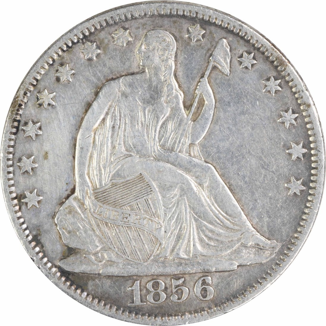 1856 O Seated Liberty 50C Silver Half Dollar EF: 1856 O Seated Liberty 50C Silver Half Dollar EF 1856-O Liberty Seated silver half dollar in EF grade. This circulated, uncertified United States coin is a pre-owned example of the Seated Liberty 50C d