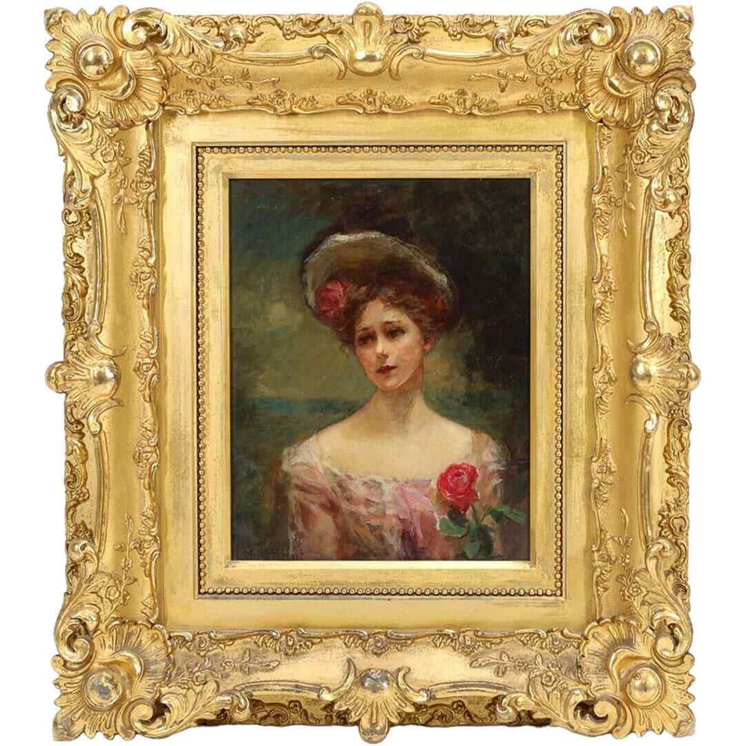 Framed oil portrait by Letita Bonnet Hart of young woman: Framed oil portrait by Letita Bonnet Hart of young woman This is an original oil painting on canvas titled "Portrait of a Young Woman" by Letita Bonnet (Bennet) Hart. The artwork depicts a woman and i