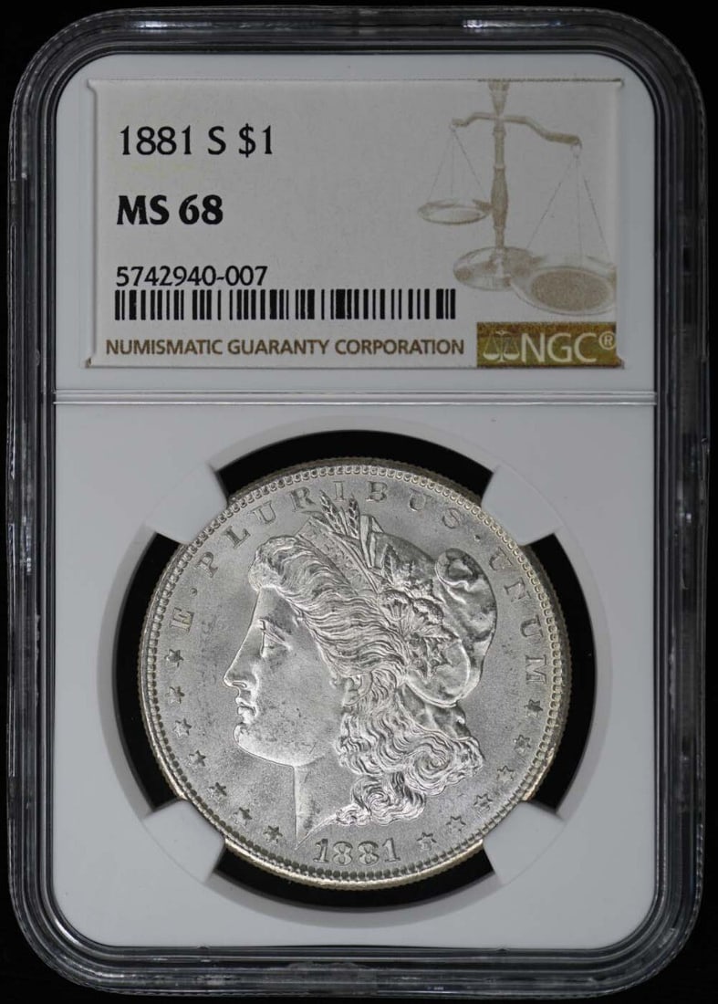 1881-S NGC MS68 Morgan Dollar Uncirculated San Francisco Coin: 1881-S NGC MS68 Morgan Dollar Uncirculated San Francisco Coin This 1881-S Morgan Dollar, graded MS68 by NGC, is a remarkable addition to any collection. Struck in San Francisco, this uncirculated coin