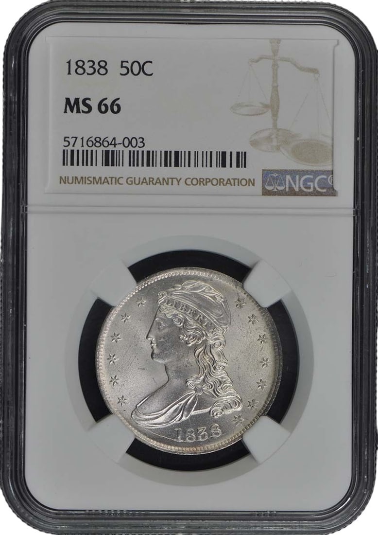 1838 Capped Bust Half Dollar NGC MS66 Reeded Edge: 1838 Capped Bust Half Dollar NGC MS66 Reeded Edge This stunning 1838 Capped Bust Half Dollar features a reeded edge and is certified by NGC with a grade of MS66, indicating it is uncirculated and in e