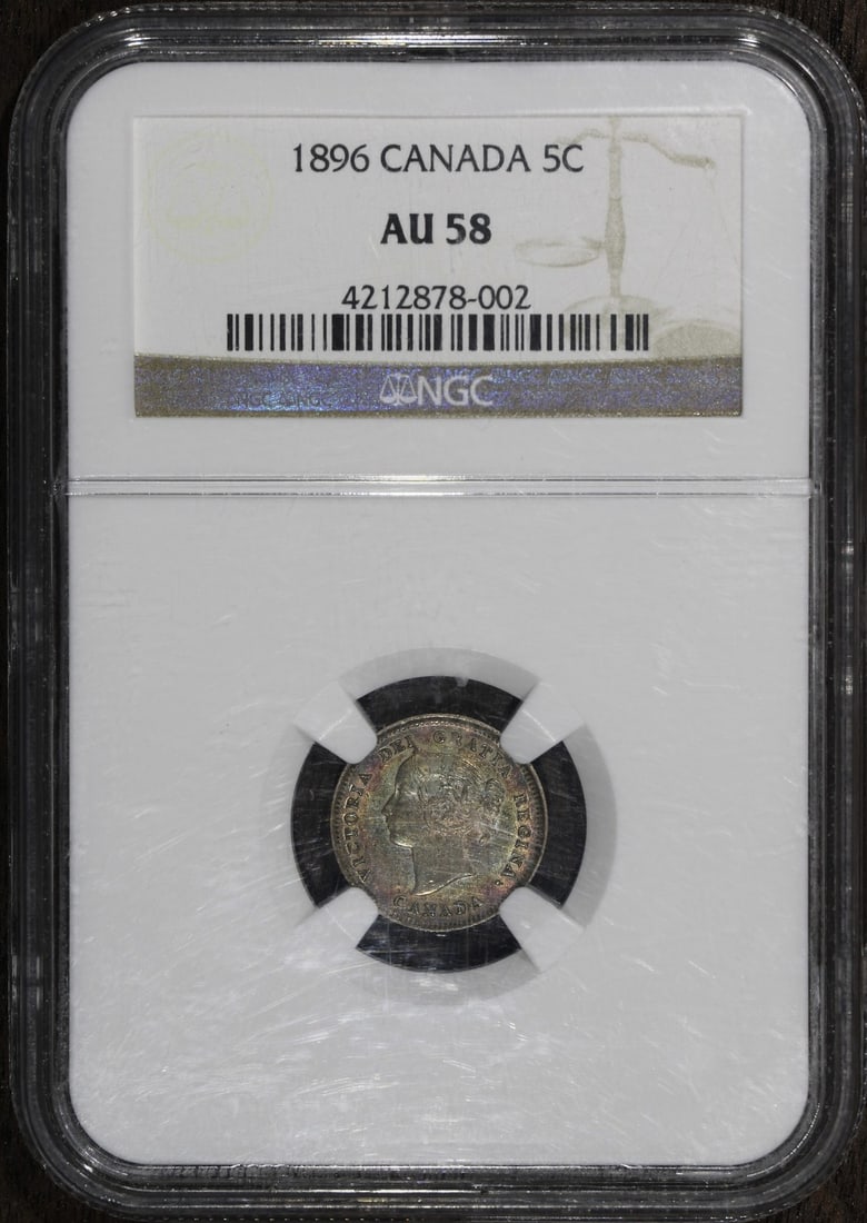 1896 Canada 5 Cents AU58 NGC Victoria Coin with Rainbow Toning: 1896 Canada 5 Cents AU58 NGC Victoria Coin with Rainbow Toning This 1896 Canada 5 Cents coin showcases beautiful rainbow toning and is graded AU 58 by NGC. With a fineness of 0.925, this coin is a spl