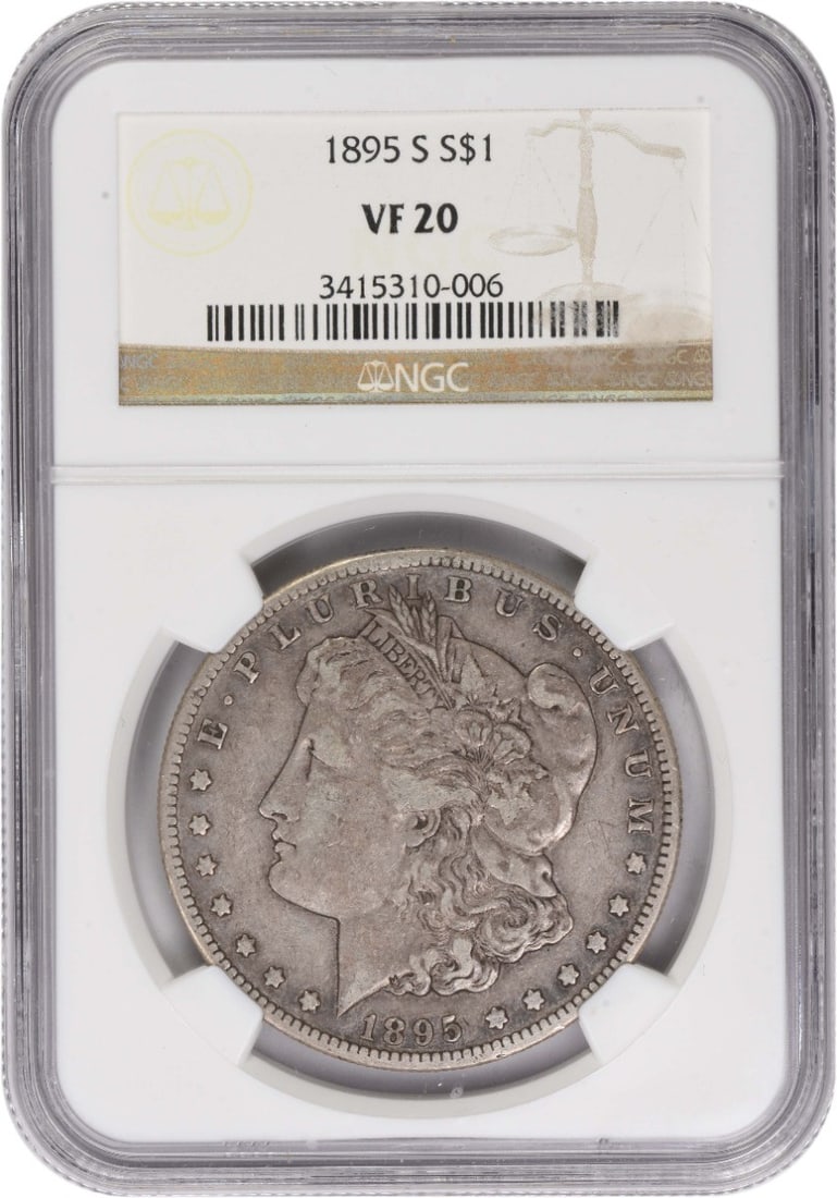 VF20 1895 San Francisco Morgan Dollar Certified by NGC: VF20 1895 San Francisco Morgan Dollar Certified by NGC This 1895-S Morgan Silver Dollar is graded VF20 by NGC. Struck at the San Francisco Mint, it features a composition of 90% silver and 10% copper.