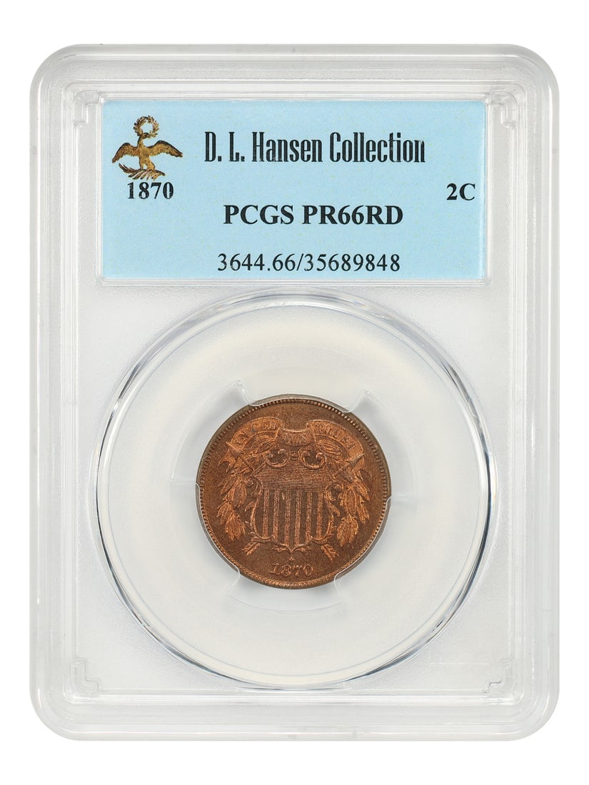 PCGS PR66RD 1870 Two Cent Proof Coin ex D.L. Hansen: PCGS PR66RD 1870 Two Cent Proof Coin ex D.L. Hansen 1870 Two Cent coin graded PCGS PR66RD, ex: D.L. Hansen. This proof issue has a low mintage of just 1,000 coins struck. The coin is described as unci