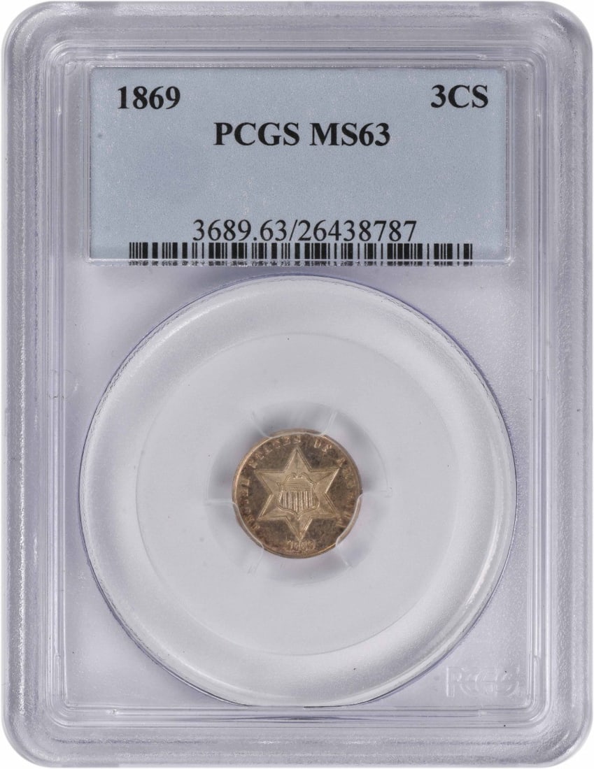 1869 Three Cent Silver Coin MS63 Graded by PCGS: 1869 Three Cent Silver Coin MS63 Graded by PCGS This 1869 Three Cent Silver coin from the United States is graded MS63 by PCGS, indicating an uncirculated and well-preserved condition. Minted in Phila
