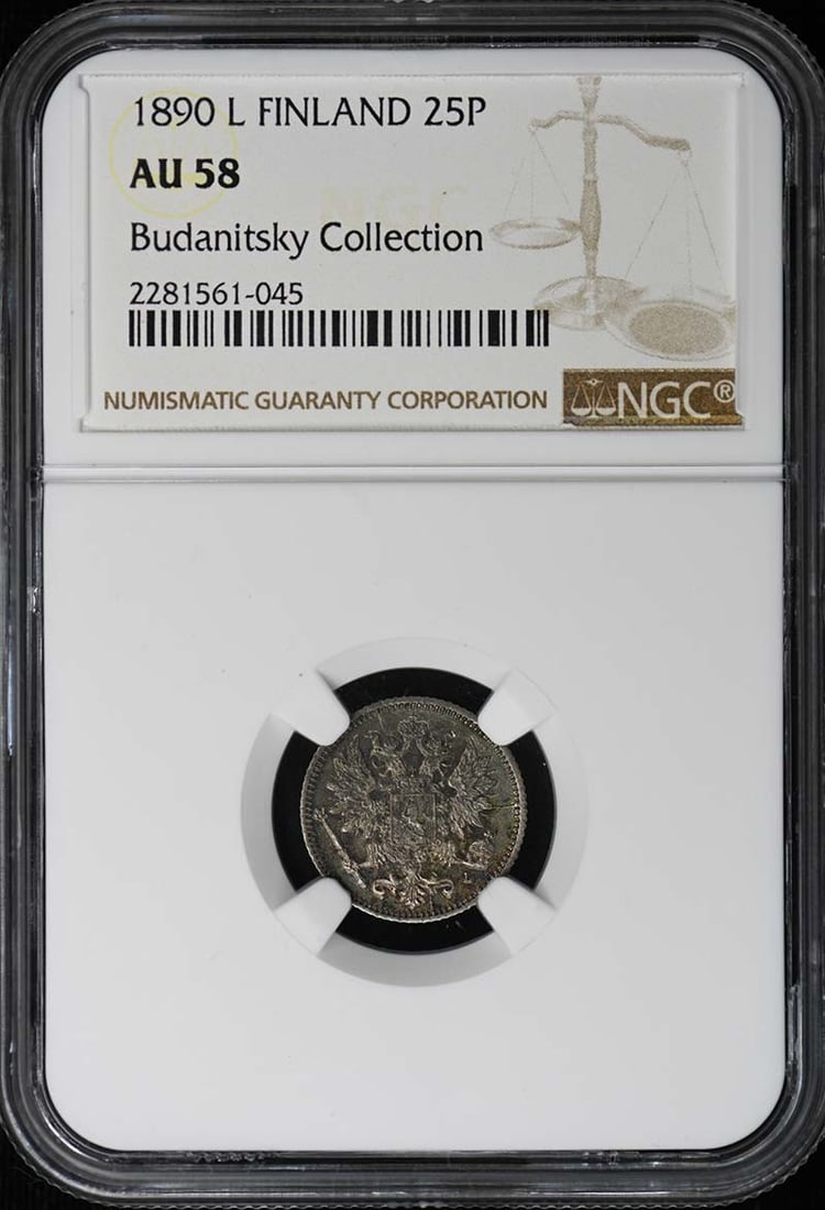 Finland 1890 25 Pennia NGC Graded AU58 Coin: Finland 1890 25 Pennia NGC Graded AU58 Coin This is a 25 penni coin from Finland dated 1890. The coin is certified by NGC with a grade of AU58, indicating it is in About Uncirculated condition. This c