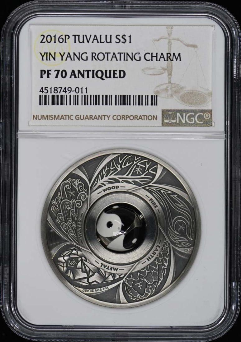 2016P Tuvalu Yin Yang Charm S$1 NGC PR70 Uncirculated Coin: 2016P Tuvalu Yin Yang Charm S$1 NGC PR70 Uncirculated Coin This stunning 2016 Tuvalu Yin Yang Rotating Charm coin features a unique design that symbolizes balance and harmony. Graded PR70 by NGC, this
