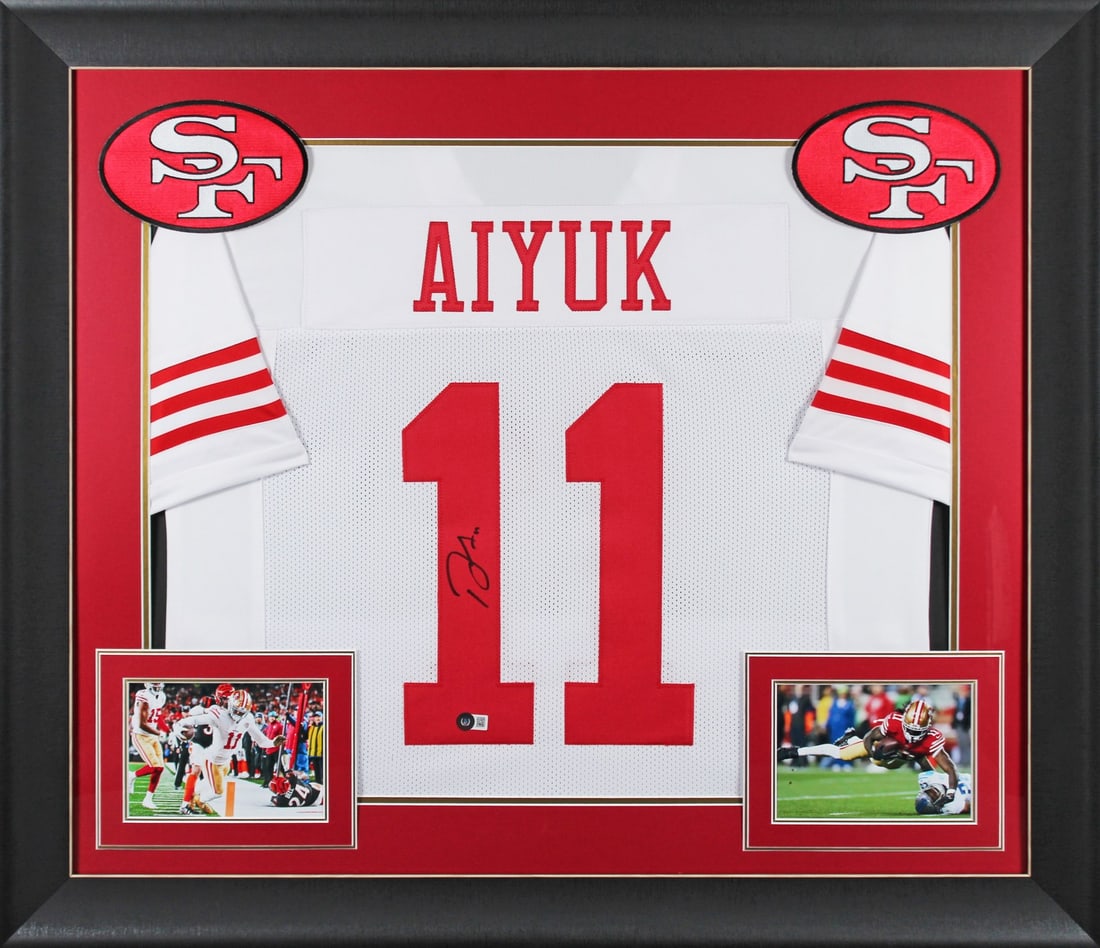 Brandon Aiyuk Signed White Jersey Framed 32x37 BAS Witnessed 49ers: Brandon Aiyuk Signed White Jersey Framed 32x37 BAS Witnessed 49ers This authentic signed white pro style framed jersey features the signature of Brandon Aiyuk, a standout player for the San Francisco 