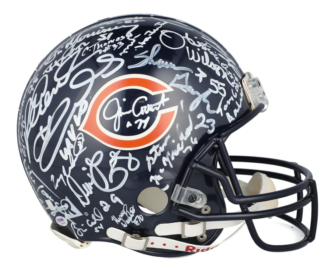 1985 Chicago Bears Super Bowl Champs Signed Helmet with PSA COA: 1985 Chicago Bears Super Bowl Champs Signed Helmet with PSA COA Celebrate the legacy of the legendary 1985 Chicago Bears with this remarkable full-sized Riddell authentic helmet, signed by 51 members 